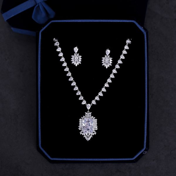 

luxury cubic zirconia necklace statement dangle earrings jewelry sets large square zircon stone pendant anniversary women parure, Silver