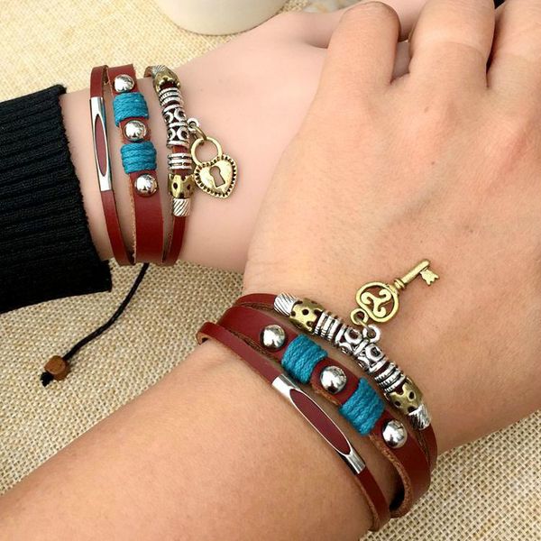 

handmade key and lock cow real leather braided bracelets cords for lover men and women wholesale bangles, Golden;silver