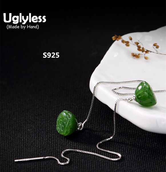 

uglyless real 925 sterling silver natural jasper lotus earrings women elegant green jade ear line vintage ethnic brincos jewelry, Golden;silver