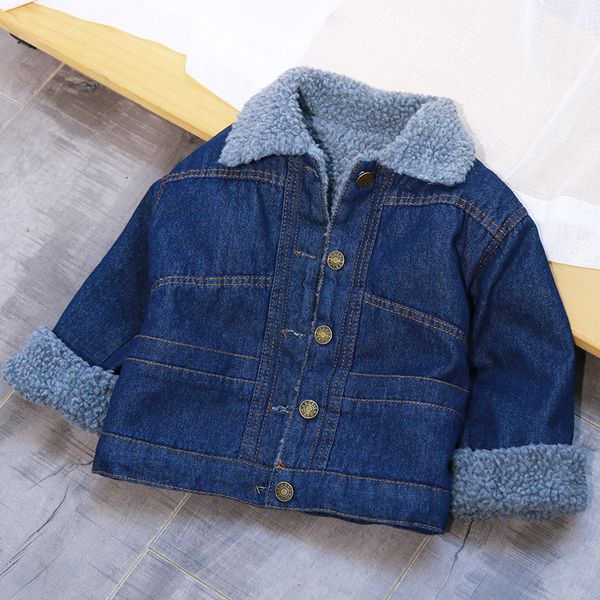 

sfc-235 children baby boys and kids winter outerweardark blue plush jean bleack jacket coat, Blue;gray