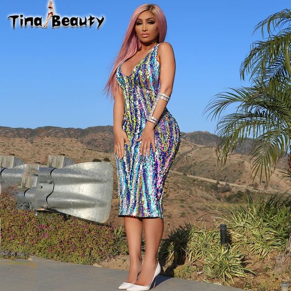 

tina beauty celebrity angel brinks dress women rainbow sequined midi dresses shimmer sleeveless v neck split bodycon dress, White;black