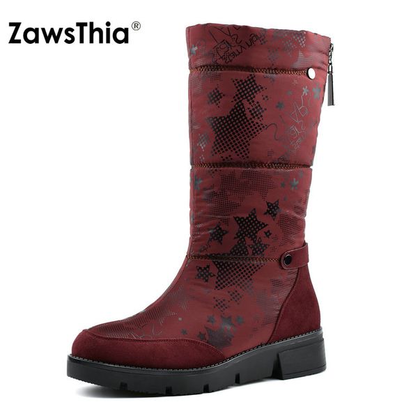 

zawsthia winter warm printing down fabric side zipper square low heels flat platform mid-calf boots woman snow boots for women, Black