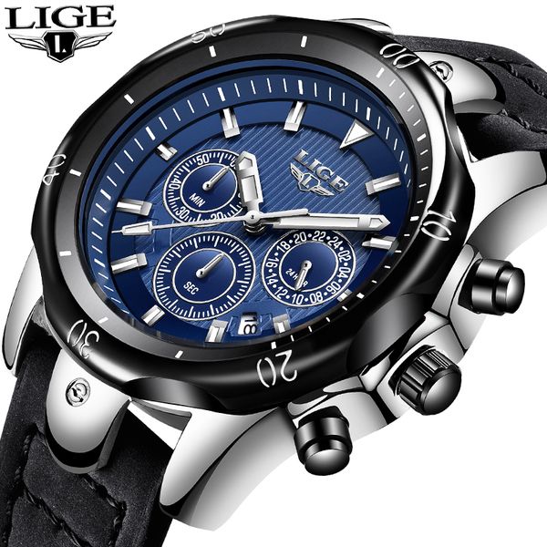 

lige watch mens casual sports quartz clock men watches fashion leather waterproof watch relogio masculino+box, Slivery;brown