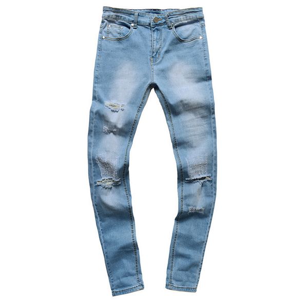 

foreign trade tide men's jeans american high street hand-grinding hole men's slim feet long pants 1849, Blue