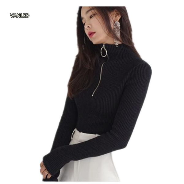 

harajuku vintage circle ring long sleeve tee turtleneck zipper knitted pullover 121116, Black