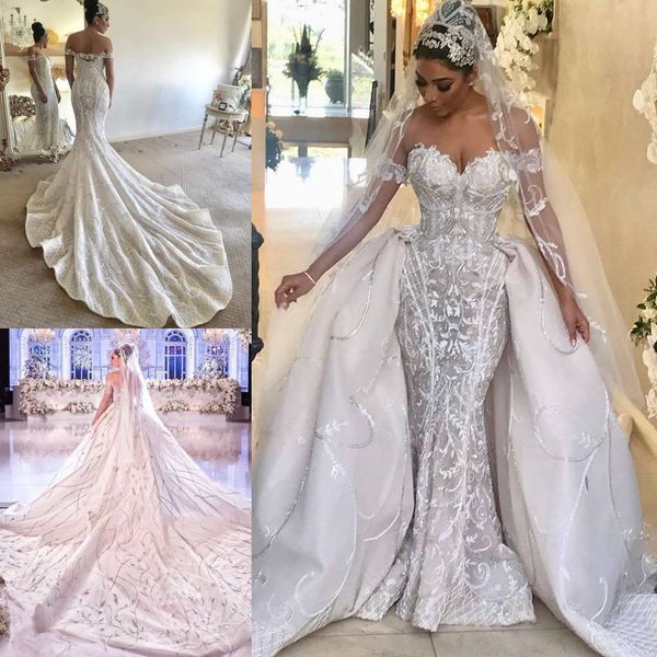 

gorgeous mermaid 2019 wedding dresses with detachable train off the shoulder bridal gowns plus size african vestidos robes de soirÃ©e, White