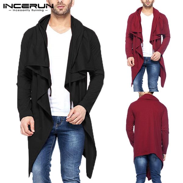

incerun men trench coat long cardigan hooded long sleeve outerwear fashion irregular hem streetwear thin men windbreaker autumn, Tan;black