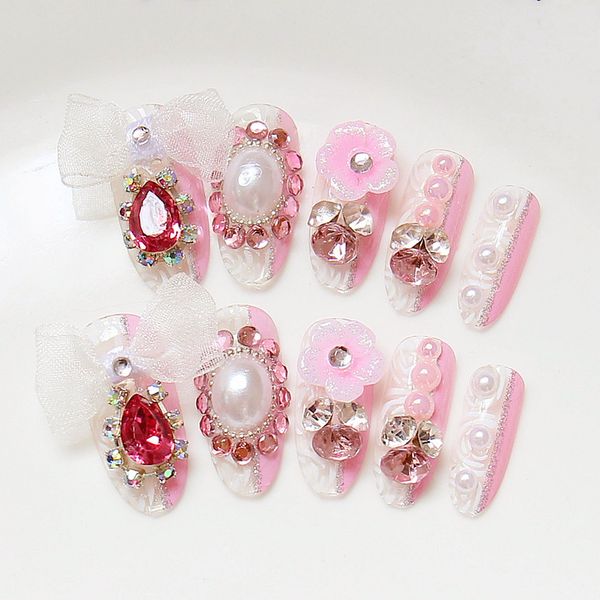

new long 24pcs / set holiday 3d pink big bow false nails crystal diamond full paste bride nail z05, Red;gold