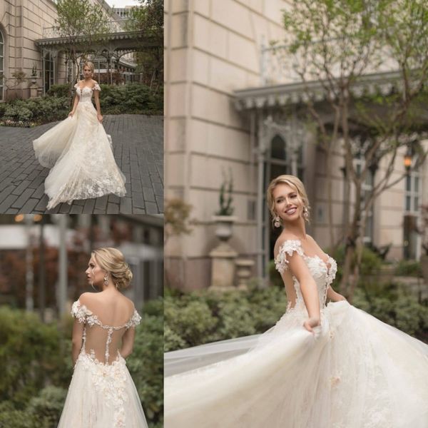 

naama 2019 wedding dresses off shoulder 3d lace applique sheer short sleeve bridal gowns a line chest exposed wedding dress, White