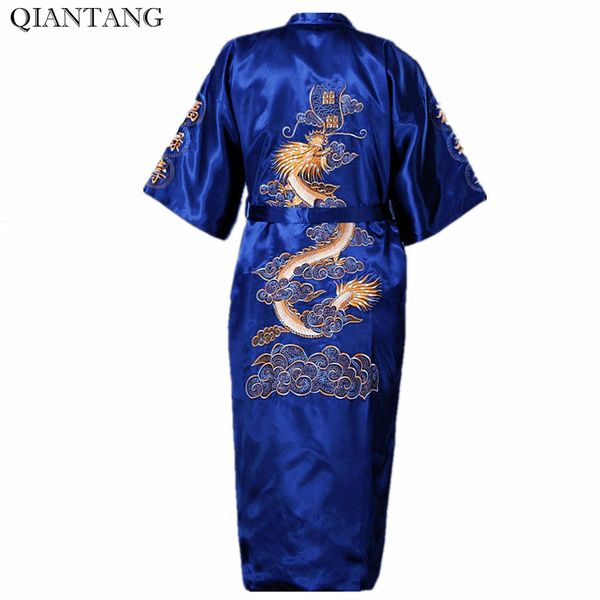 

blue chinese men's satin embroidery kimono robe bath gown bathrobe nightgown sleepwear hombre size s  l xl xxl xxxl s0009, Black;brown