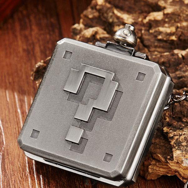 

antique mario retro pixel question box quartz pocket watch big number unique square quartz watch with pendent fob chain, Slivery;golden