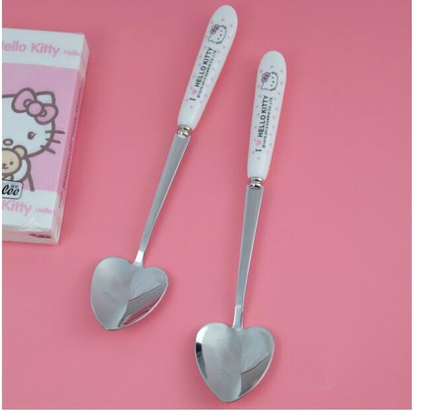 

10 pcs cartoon hello kitty ceramic handle stainless steel love heart spoons