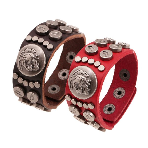 

boho gypsy hippie hiphop dark red brown real leather skull pattern rivets charm wrap adjustable couple bracelet bangle, Golden;silver