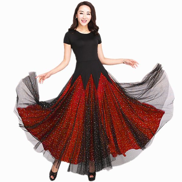 

ballroom dance dresses lady's short sleeve stage waltz dancing skirt women ballroom competition dance dress, Black;red