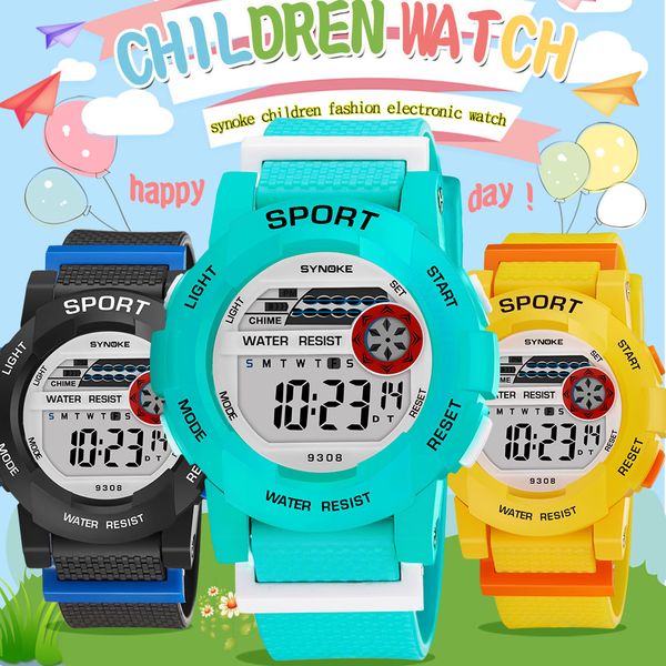 

synoke student kids chronograph clock sport wristwatch alarm back date led children light waterproof watch boys digital povsw, Slivery;brown