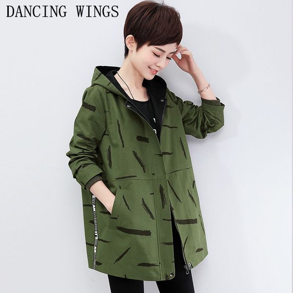 

spring autumn middle age women casual hooded windbreaker coat feather print plus size 4xl mother coat, Tan;black