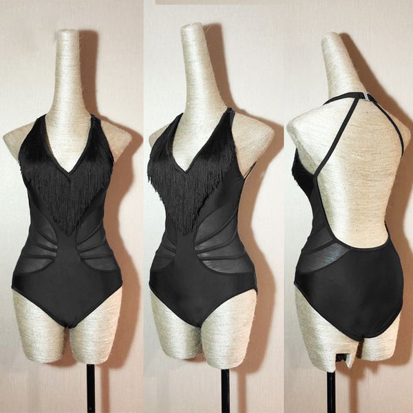 

latin dance leotard big backs deep v tassels women new black practice clothes shirt (with chest pad) dl2581, Black;red