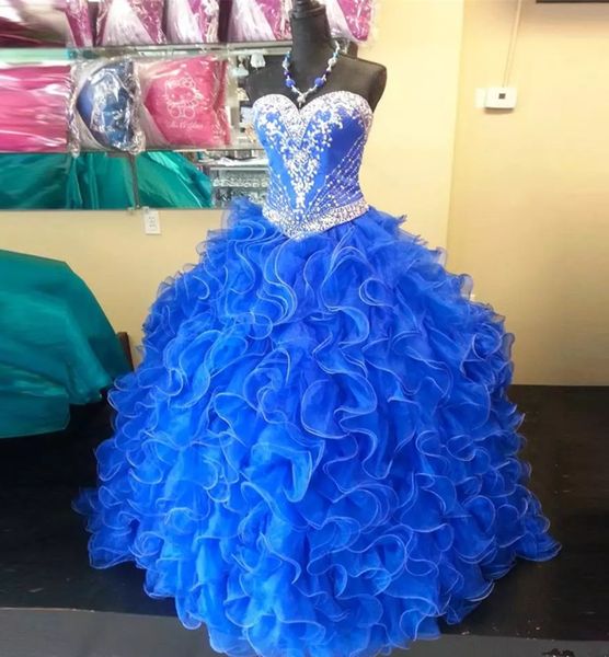 

2018 ball gown royal blue quinceanera dresses two pieces crystals beading ruffles organza puffy 16 prom party gown, Blue;red