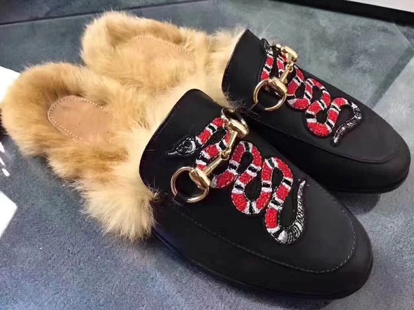 

women rabbit fur flat female slidder real leather slippers lady loafers luxury shoes loafers with fur, Black
