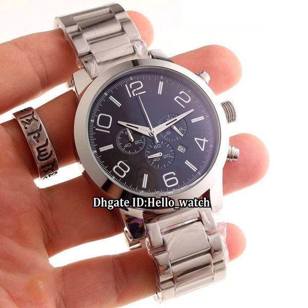 

new 11 style date 09668 43mm black dial miyota quartz chronograph mens watch satch stainless steel bracelet gents sport watches, Slivery;brown