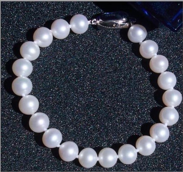 

huge 9-10mm south sea round white pearl bracelet 7.5-8"925, Black