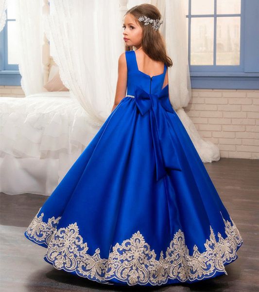 Vintage Blumenmädchen Kleider Kurzen Ärmeln Licht Himmelblau Prinzessin Tutu Korsett Zurück Applizierte Spitze Bogen Kinder Erstkommunion Kleider