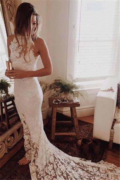 

Unique Mermaid Boho Bridal Gowns Full Lace Bohemian Beach Wedding Dress Court Train Reception Dresses for Bride