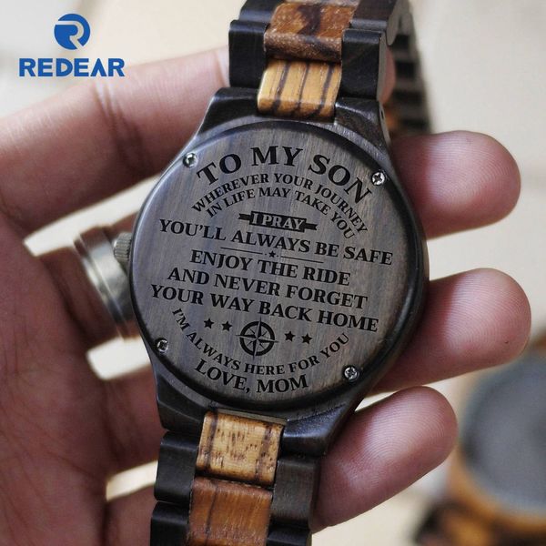 

never forget your way back home - from mom to son engraved wooden watch, Slivery;brown