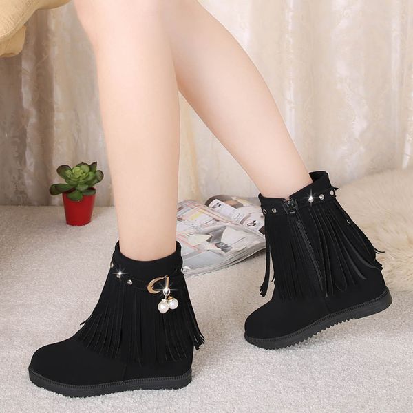 

women shoes 2018 autumn winter new short boots side zipper flat increased tassel female boots women, Black