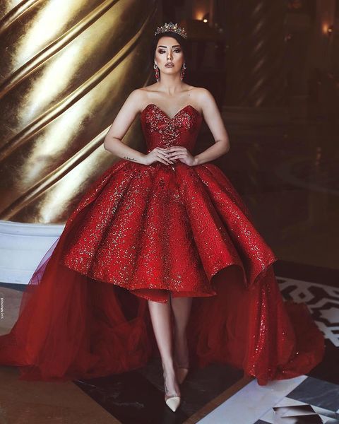 

Red 2019 Sparkly Hi-Lo Sequined Prom Dresses Sweetheart Backless Tiered Tulle Pleats Elegant Formal Dresses Informal Reception Dresses