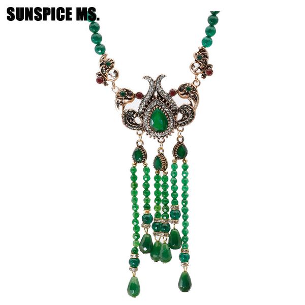 

turkish colorful natural stone beads long necklace vintage tassels jewelry for women wedding nigeria beads pendant flower choker, Silver