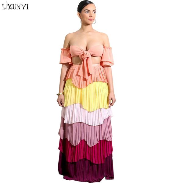 

lxunyi summer women two piece set outfits gradient long skirt crop 2 piece sets fashion chiffon elegant suits, White