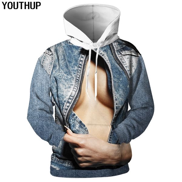 

youthup 2018 3d hoodies men creative hooded hoodies 3d fake denim print cosplay funny sweatshirts men pullover streetwear 5xl, Black