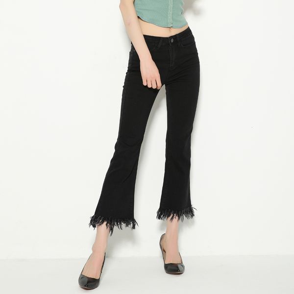 

women frayed hem cropped flare jeans fashion ankle length denim flare pants with frayed hem, Blue