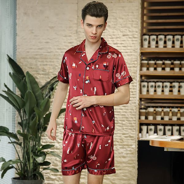 

imitation silk pajamas shorts for men sleepwear summer male pajama set soft nightgown for men pyjamas, Black;brown