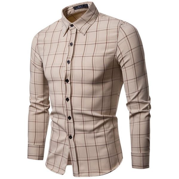 

khaki plaid shirts men new 2018 autumn men's shirt slim plaid shirt business casual long-sleeved man dress shirts s-2xl, White;black