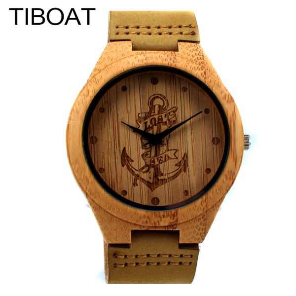 

tiboat lost sea anchors design bamboo watches japan quartz wooden wristwatches genuine leather men women luxulry watches, Slivery;brown