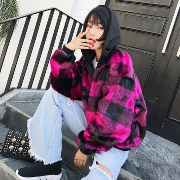 

plaid casual mink coat with with hood c13, Black