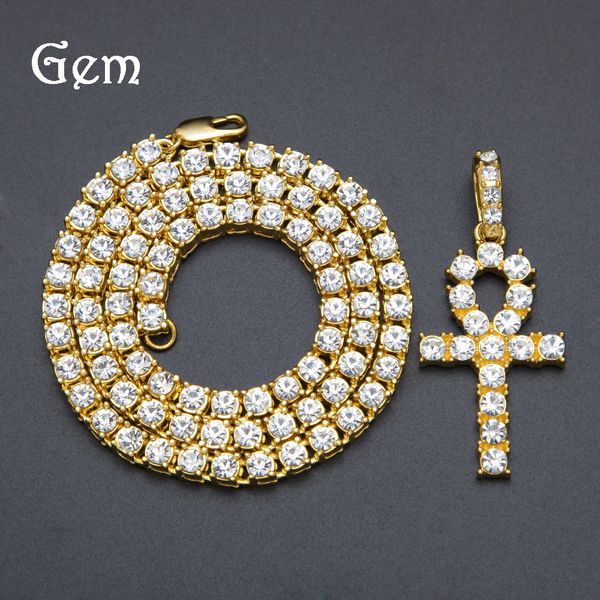 

Мужские золото ледяной кристалл 1 строка теннис цепи или Куба цепи хип-хоп ожерелье золотой цвет крест АНК кулон ожерелье