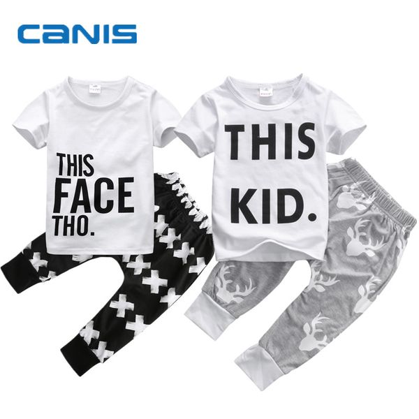 

2017 brand new summer toddler infant child baby kids boys clothes set t-shirt short sleeve long pants 2pcs casual outfits, White
