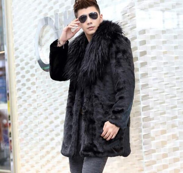 

мужская осень и зима отдых мода новый бутик тонкий личность тенденция коммерция лиса меховой воротник искусственный мех пальто / s-4xl, Black