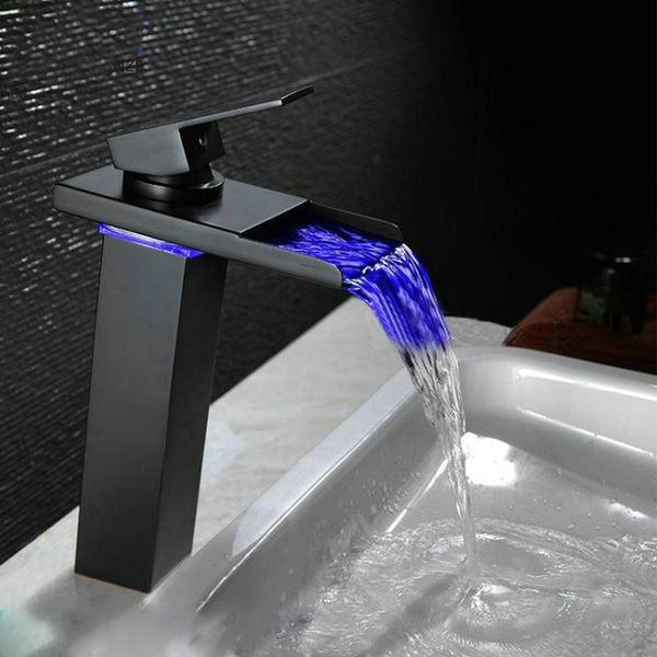 

10.6" Black Water Powered LED Faucet Bathroom Basin Faucet Brass Mixer Tap Waterfall Faucets Hot Cold Crane Basin Tap