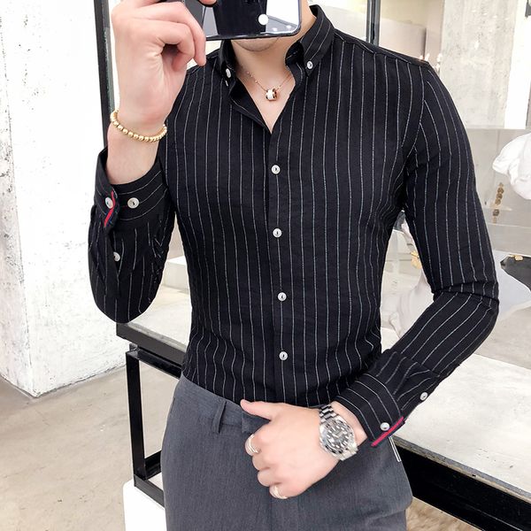 

fashion 2018 autumn winter shirt men brand new slim fit striped mens social shirts dress long sleeve british style blouse homme, White;black