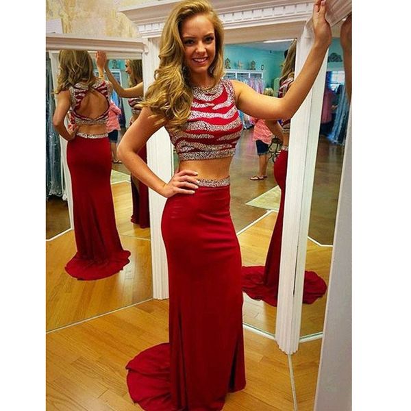 

new arrival red two pieces mermaid prom dress side slit evening gowns beade dress party evening, Black