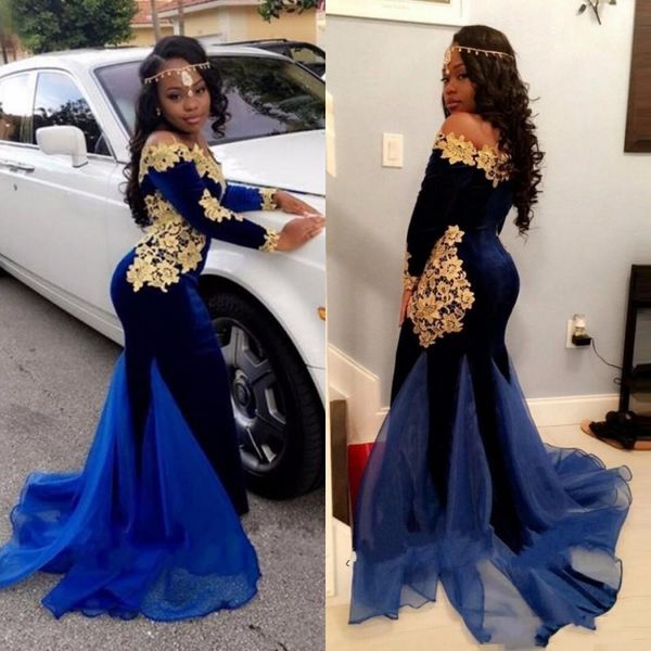 2018 Black Girls South African Prom Dresses Off The Shoulder Mermaid manica lunga Prom Dress Fashion Velvet Golden Lace Applique Party Dress