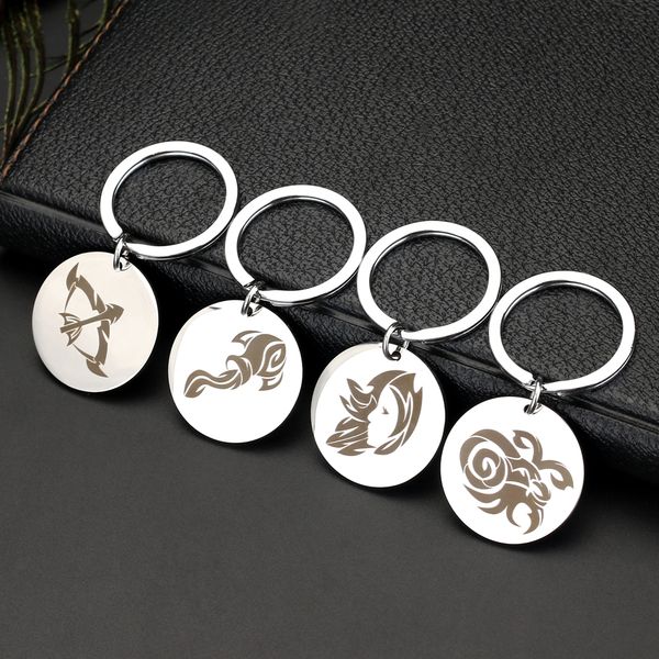 

new zodiac sign keychain 12 constellation stainless steel key ring for women men pendant keyring lucky key holder birthday gift, Silver