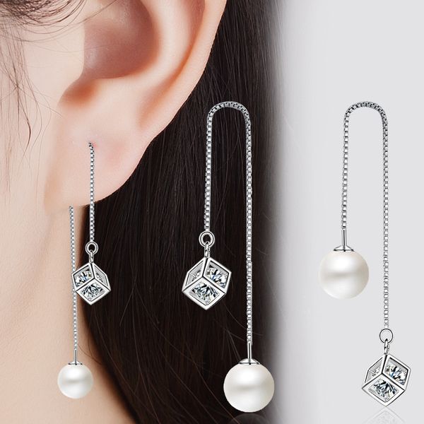 

new fashion long pearl earrings crystal box design line earring for women korea silver jewelry female