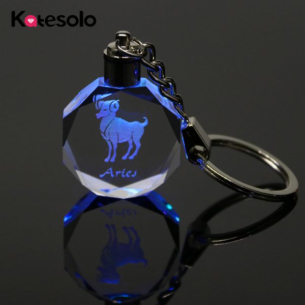 

crystal 12 constellation key chain laser engraved colorful led light key ring glass keychain decoration pendant gift, Silver