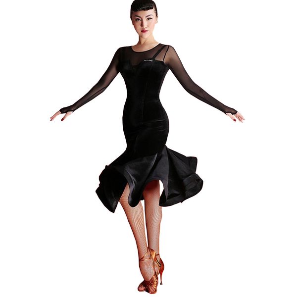 

дешевые латинский танец платье женщины девушки танго сальса бахромой платье d0701 3 цвета выбор с пушистым sheer подол с длинным рукавом, Black;red