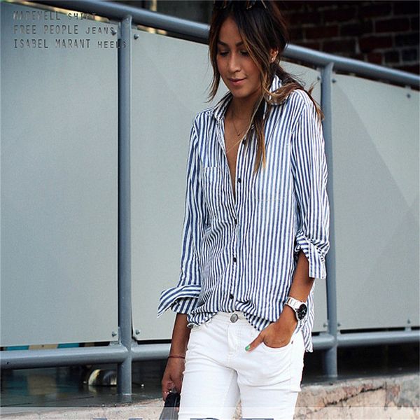 

Sexy Summer Cotton Blue Casual Shirts Loose Striped Long sleeve Blouses Shirt Women clothing Size S-5XL
